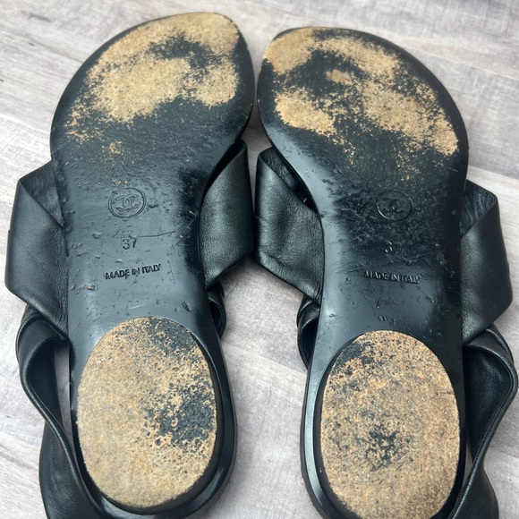 Chanel Black Leather Pleated Slingback Sandals Silver Logo Size 37 - Picture 9 of 9